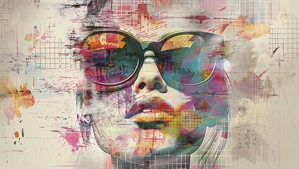 a woman with sunglasses on a colorful background