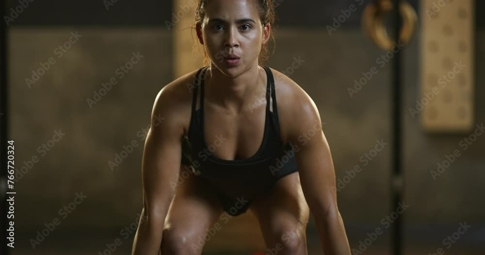 Poster Fitness, strength and woman with weights in gym for workout, bodybuilder training and intense exercise. Weightlifting, sports and portrait of person with muscles, barbell and challenge for wellness