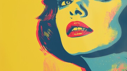 a painting of a woman with red lips and a yellow background