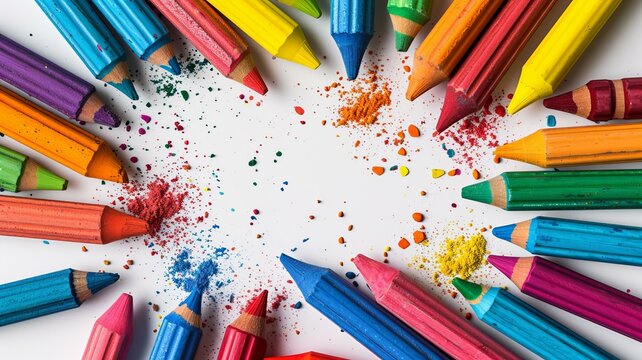 Crayons of various colors are scattered on a white background, top view, minimalism, photo, AI Generative