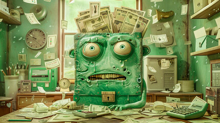 A worried briefcase character opening up to reveal an overflowing mess of bills, charts, and calculators, set in a whimsically chaotic office space, highlighting the stress of financial management