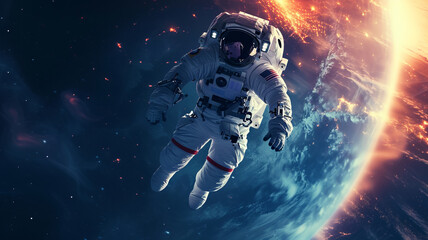 Astronaut adrift in the cosmic arena, an odyssey visualized through AI Generative technology. - obrazy, fototapety, plakaty