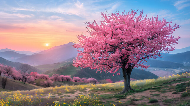 A single pink tree stands on a hillside with a mountain range in the background. The sky is blue with pink clouds.