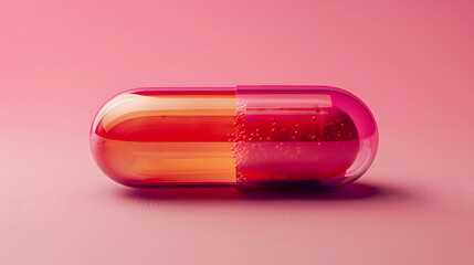 A transparent pink and red capsule pill, on a pink background. - obrazy, fototapety, plakaty