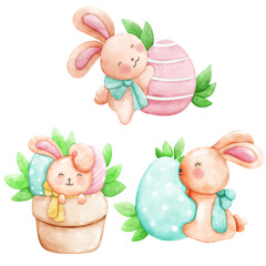Cute bunny set Easter watercolor collection 