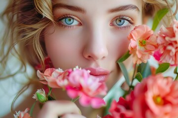 Fototapeta premium Girl with flowers and a mysterious look, vibrant colors