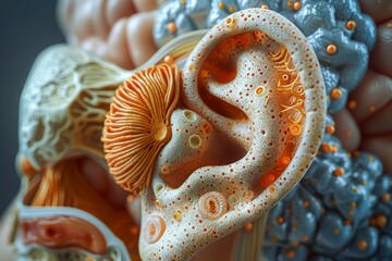 Intricate Cross Section Anatomy Model Displaying Detailed Human Ear Structure Against Blurred Background