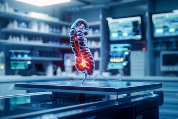 Futuristic Medical Research Laboratory with 3D Holographic Display of Human Digestive System - obrazy, fototapety, plakaty