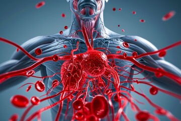 3D Illustration of Human Circulatory System Arteries and Heart Anatomy with Blood Cells