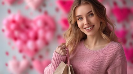 Mulheres fazendo compras! Imagem mostrando uma mulher sorridente com sacolas de compras em um fundo feminino, destacando o poder de compra das mulheres para o comércio, seja ele eletrônico ou físico - obrazy, fototapety, plakaty