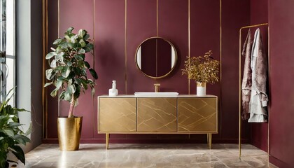 Bathroom cabinet, burgundy and gold detailed walls, modern plant. Modern and minimalist, luxury bathroom