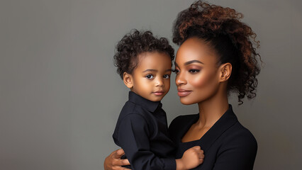Dia das Mães: Mulher negra abraçando seu filho nesta data especial. Uso: design, propaganda, publicidade, celebração da maternidade e diversidade. - obrazy, fototapety, plakaty