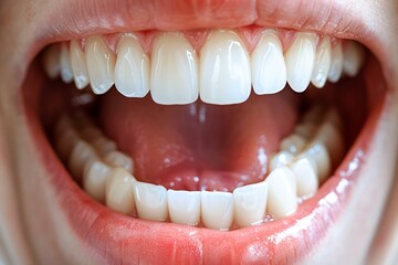 Close up of Healthy White Teeth and Open Mouth Showing Dental Hygiene and Oral Care