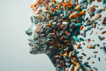 Digital Art Concept of Human Head Profile Surrounded by Assorted Pharmaceuticals and Pills