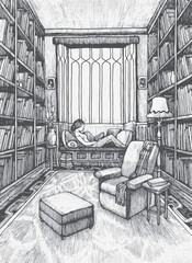 Reading room in relaxing, cozy library. Vector illustration pen and ink style book cover or quiet time signage.