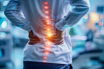 Man Suffering from Lower Back Pain with Red Highlight on Spine in a Clinical Setting