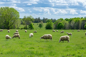 Fototapeta premium A herd of sheep grazing on lush green pastures in springtime.