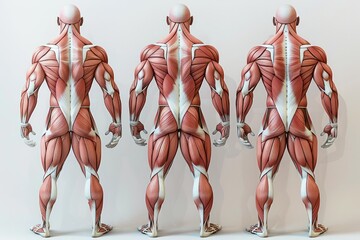 Three Anatomical Models Showing Human Muscles and Posture From Different Angles for Educational Purposes