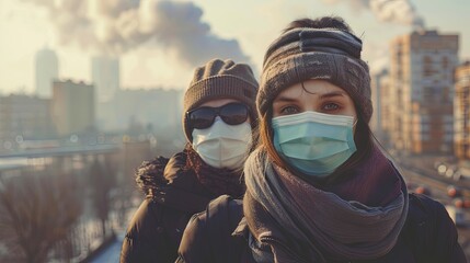 People in protective mask. Air pollution city smog from factory concept. Background concept - obrazy, fototapety, plakaty