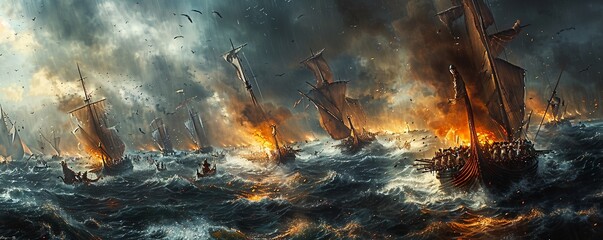 Bring the legends of Viking voyages to life in a breathtaking panoramic composition Picture fierce warriors navigating stormy waters, discovering new lands, and engaging in epic battles Emphasize the 