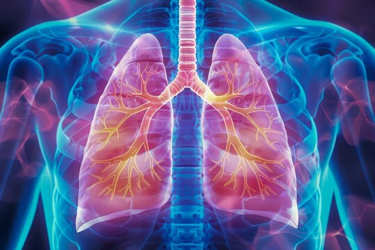 Detailed Human Respiratory System Illustration with Transparent Lungs and Trachea on Blue Background