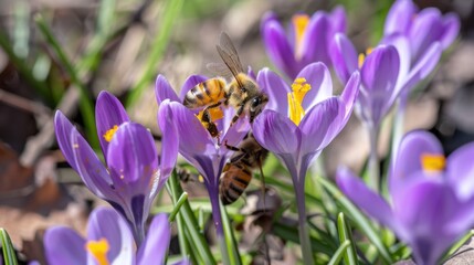 Close up of a honey bee with pollen on its legs, pollinating vibrant purple crocus flowers in a spring bloom, showcasing the beauty of nature