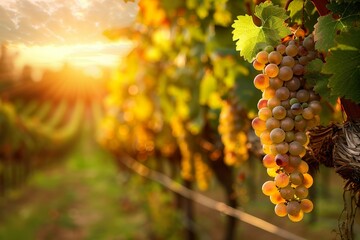 Rows of sunlit grapevines in a vineyard ready for harvest. - obrazy, fototapety, plakaty