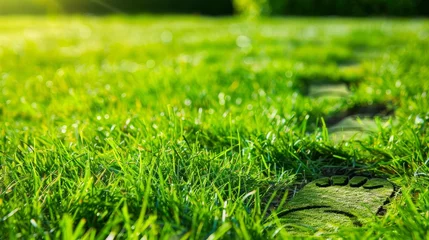 Fotobehang A fresh green lawn bathed in sunlight with a clear imprint of a bare foot amidst the blades of grass © TPS Studio