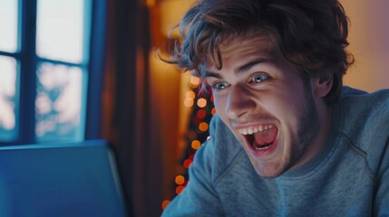 Happy excited man looking at laptop monitor screen. Background concept