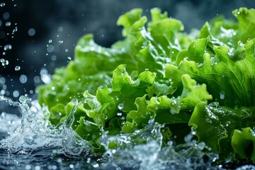 Fresh green lettuce leaves with sparkling water splash, highlighting crispness - obrazy, fototapety, plakaty