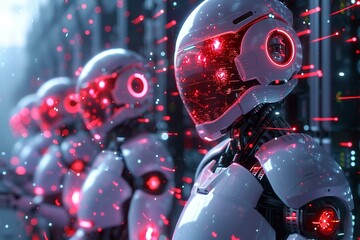 Cybersecurity robots defending a network against an onslaught of digital viruses - obrazy, fototapety, plakaty