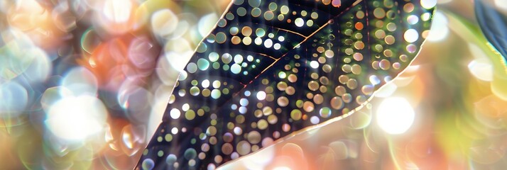 This vibrant image captures a leaf with an overlay of circular light patterns creating an abstract...