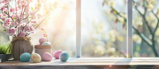 Desk with empty space and Easter decorations. Window background with a blurred view. - obrazy, fototapety, plakaty
