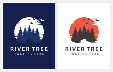 Evergreen Pine Tree with River Creek logo design vector