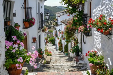 Fototapeta na wymiar Blooming Greek street with mountain views
