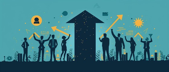 Corporate leaders standing as pillars, holding a roof shaped like an upward arrow, depicting ESG leadership