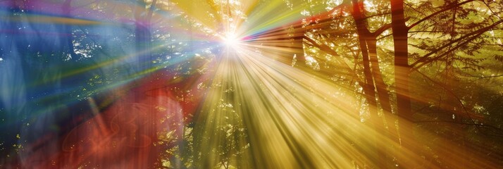 Sunrays piercing through the trees create a mystical and enchanting forest scene filled with warmth...