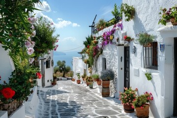 Fototapeta na wymiar Whitewashed Greek alley flowerpots sea view