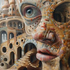 Delve into the intricate details of an otherworldly painting at a unique tilted perspective Highlight the enigmatic beauty and cultural significance that transcends language and borders - obrazy, fototapety, plakaty