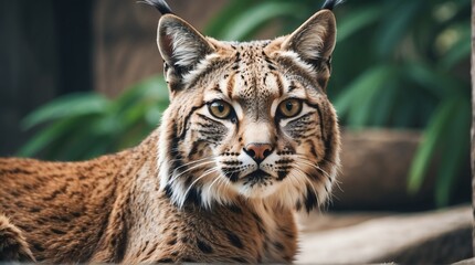 Fototapeta premium A bobcat in zoo looking at the camera from Generative AI