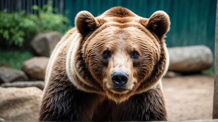 Fototapeta premium A brown bear in zoo looking at the camera from Generative AI