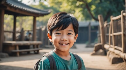 A happy asian kid boy in zoo looking at the camera from Generative AI