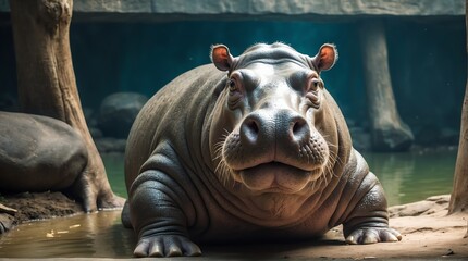 A hippopotamus in zoo looking at the camera from Generative AI