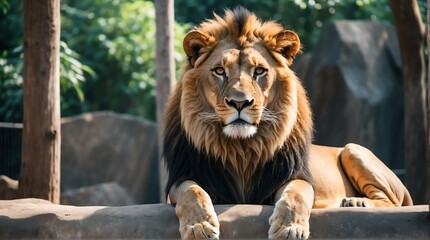 A lion in zoo looking at the camera from Generative AI