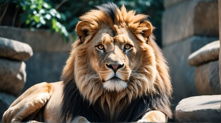 A lion in zoo looking at the camera from Generative AI