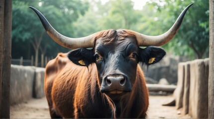 A ox in zoo looking at the camera from Generative AI