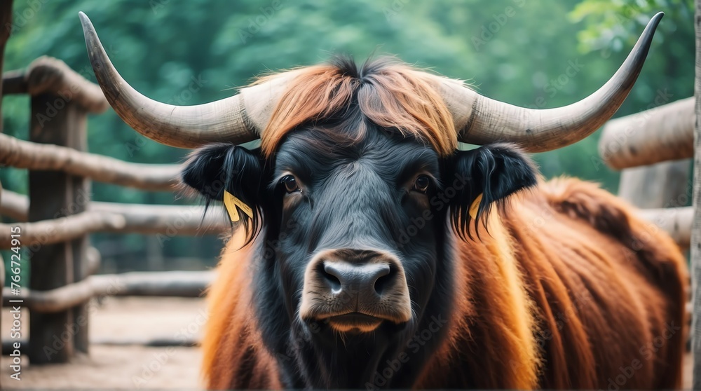 Wall mural a yak in zoo looking at the camera from generative ai