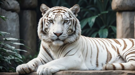 Naklejka premium A white tiger in zoo looking at the camera from Generative AI