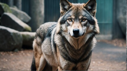 A wolf in zoo looking at the camera from Generative AI