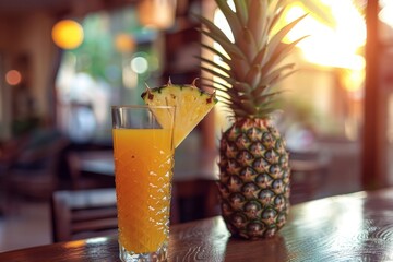 Fresh pineapple juice in a glass with a slice on the rim, against a blurred bar background